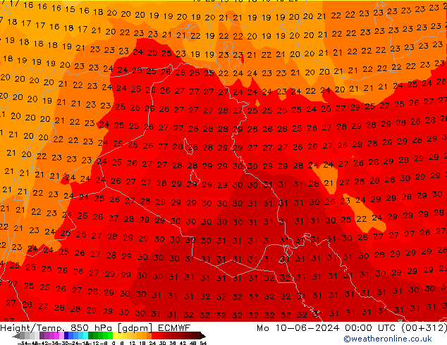 Geop./Temp. 850 hPa ECMWF lun 10.06.2024 00 UTC