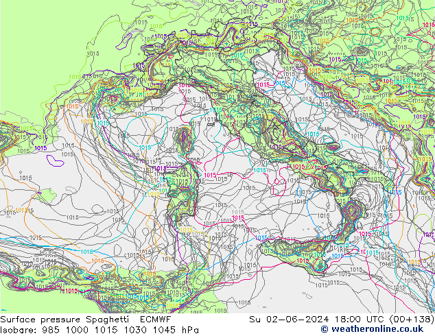 Pressione al suolo Spaghetti ECMWF dom 02.06.2024 18 UTC