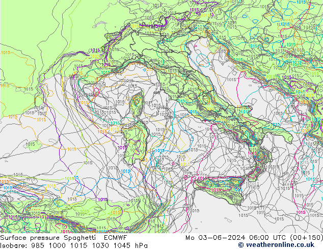 Luchtdruk op zeeniveau Spaghetti ECMWF ma 03.06.2024 06 UTC