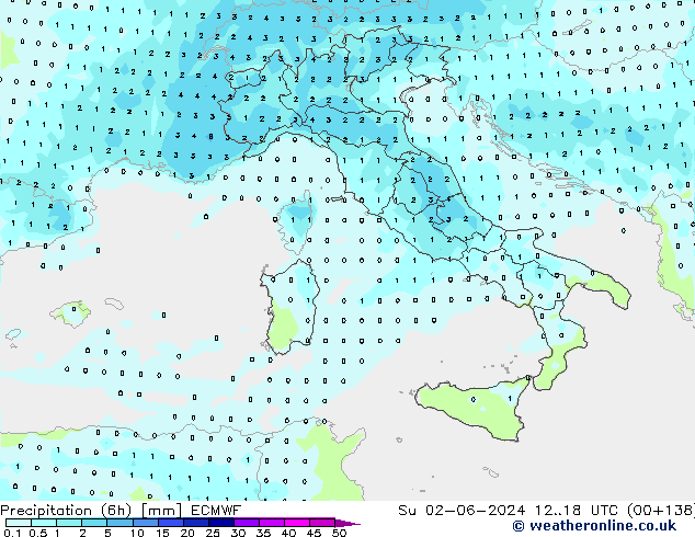 Precipitation (6h) ECMWF Su 02.06.2024 18 UTC