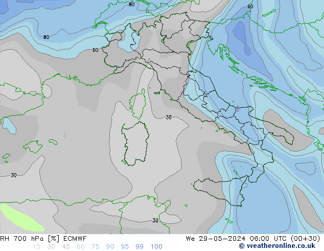 Humedad rel. 700hPa ECMWF mié 29.05.2024 06 UTC