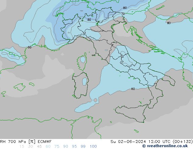 RH 700 hPa ECMWF Su 02.06.2024 12 UTC