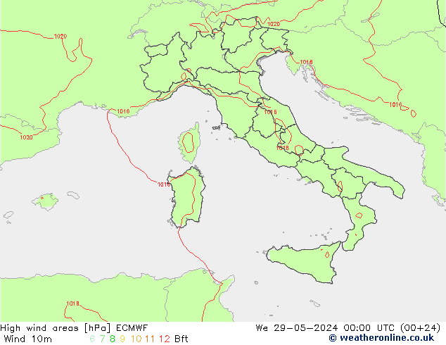 High wind areas ECMWF We 29.05.2024 00 UTC