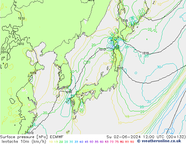 Isotachs (kph) ECMWF Вс 02.06.2024 12 UTC