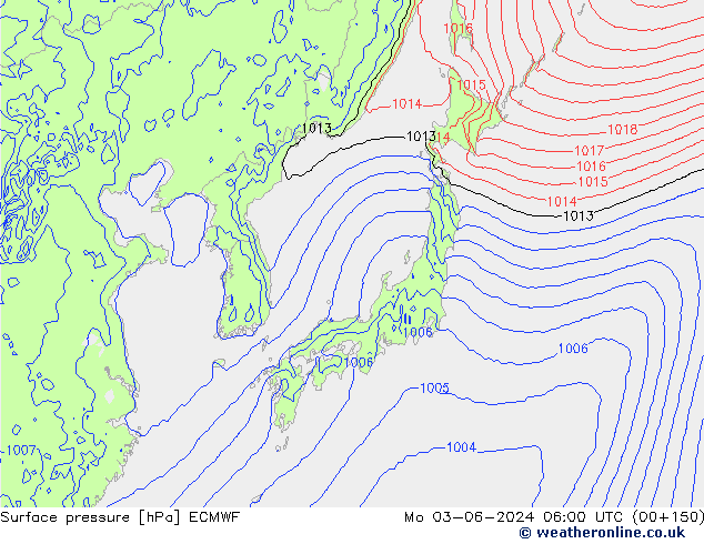 Surface pressure ECMWF Mo 03.06.2024 06 UTC