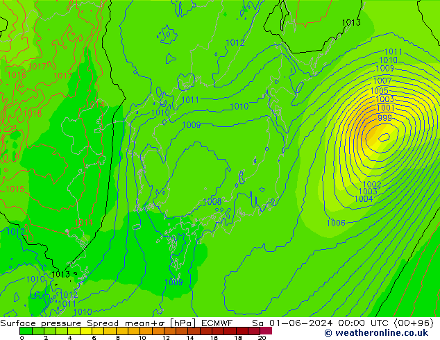 Pressione al suolo Spread ECMWF sab 01.06.2024 00 UTC