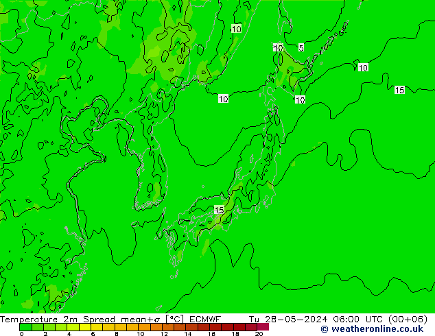 Temperature 2m Spread ECMWF Tu 28.05.2024 06 UTC