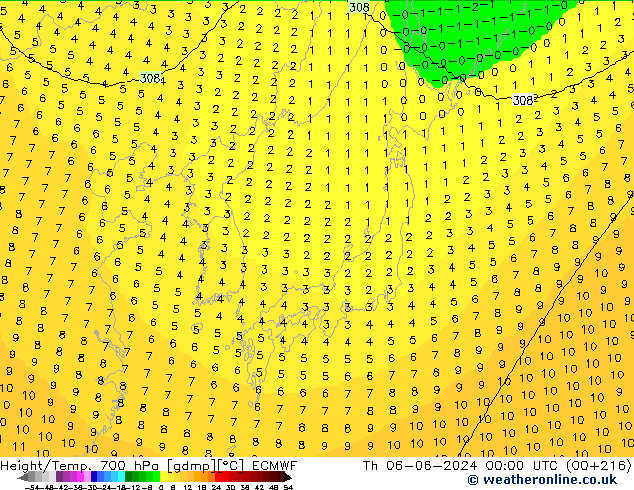 Yükseklik/Sıc. 700 hPa ECMWF Per 06.06.2024 00 UTC