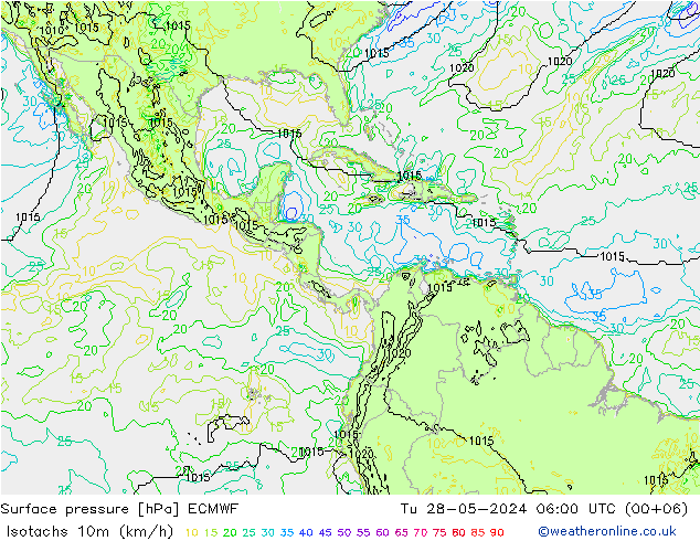 Isotachs (kph) ECMWF вт 28.05.2024 06 UTC