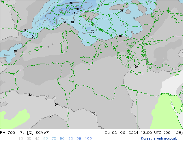 Humidité rel. 700 hPa ECMWF dim 02.06.2024 18 UTC