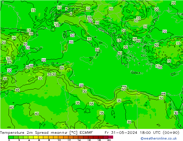 température 2m Spread ECMWF ven 31.05.2024 18 UTC