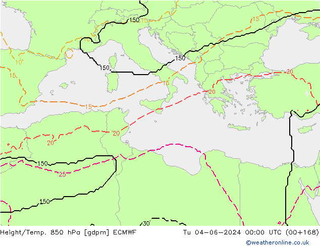 Height/Temp. 850 hPa ECMWF Tu 04.06.2024 00 UTC