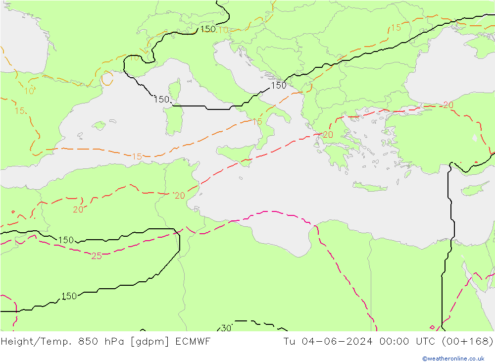 Height/Temp. 850 hPa ECMWF Út 04.06.2024 00 UTC