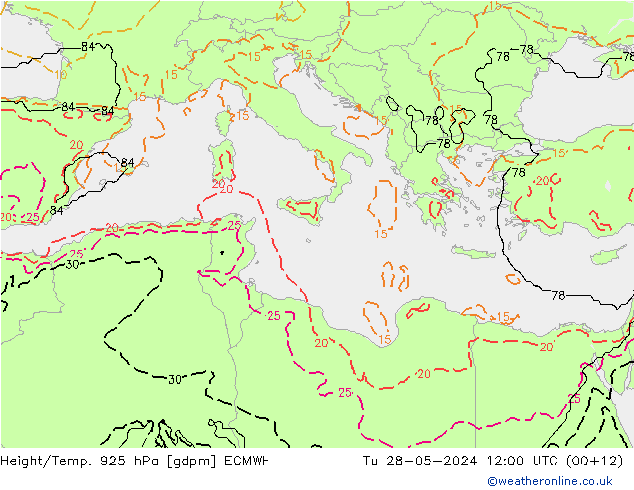 Yükseklik/Sıc. 925 hPa ECMWF Sa 28.05.2024 12 UTC