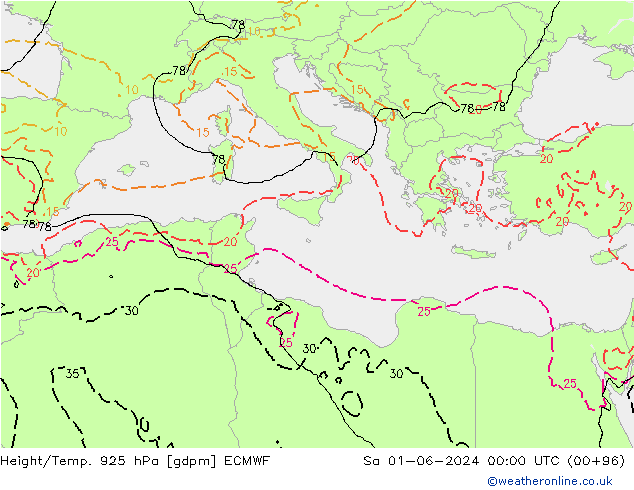 Height/Temp. 925 hPa ECMWF so. 01.06.2024 00 UTC