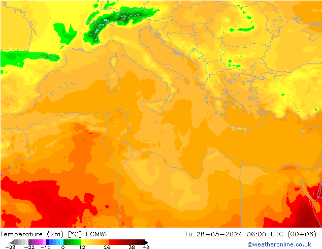 Temperatura (2m) ECMWF mar 28.05.2024 06 UTC