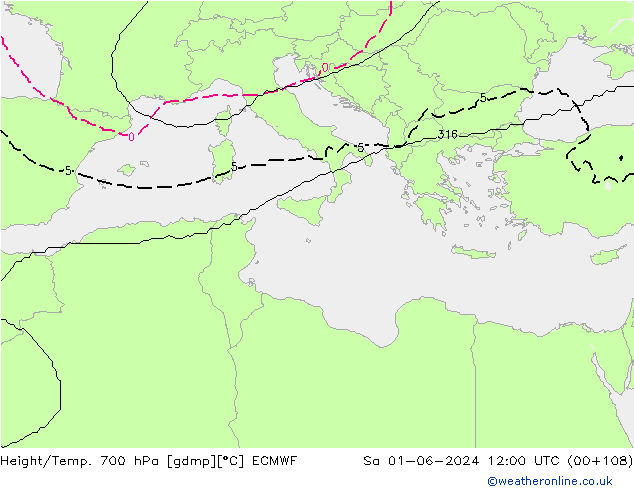 Height/Temp. 700 hPa ECMWF So 01.06.2024 12 UTC