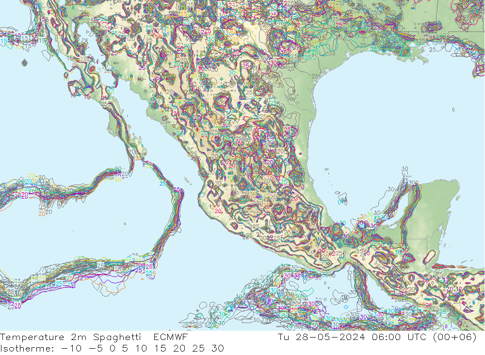 Temperature 2m Spaghetti ECMWF Tu 28.05.2024 06 UTC