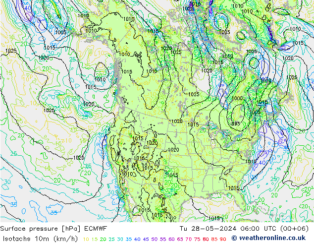 Isotachs (kph) ECMWF Tu 28.05.2024 06 UTC