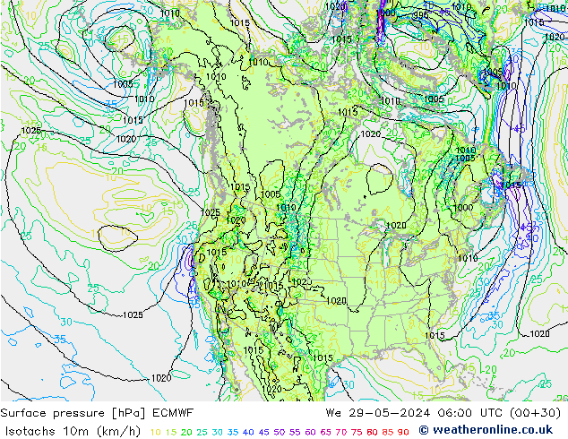 Isotachen (km/h) ECMWF Mi 29.05.2024 06 UTC