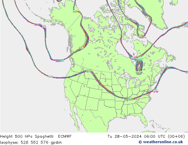 Height 500 hPa Spaghetti ECMWF Út 28.05.2024 06 UTC