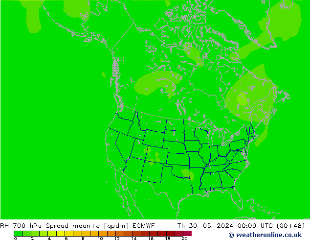 RH 700 hPa Spread ECMWF gio 30.05.2024 00 UTC