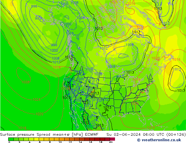 Presión superficial Spread ECMWF dom 02.06.2024 06 UTC