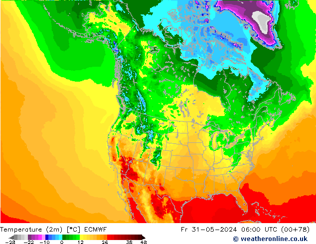 mapa temperatury (2m) ECMWF pt. 31.05.2024 06 UTC