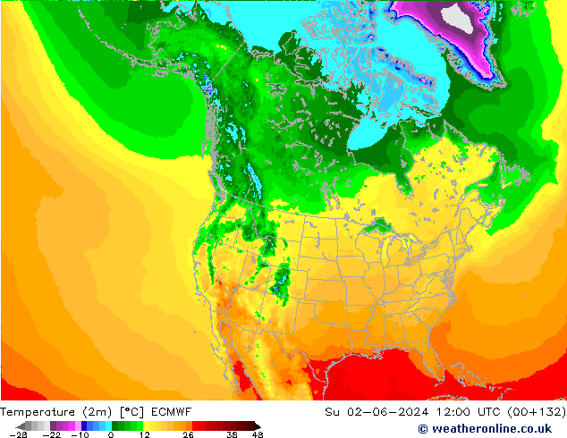 Temperature (2m) ECMWF Su 02.06.2024 12 UTC