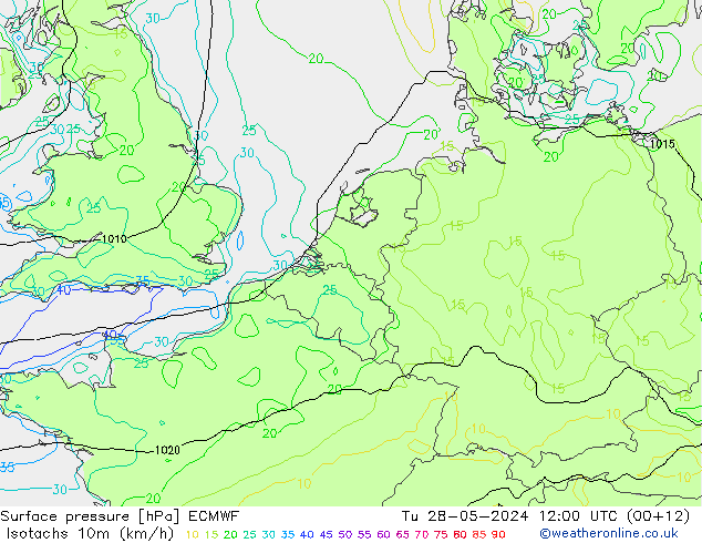 Isotachs (kph) ECMWF Tu 28.05.2024 12 UTC