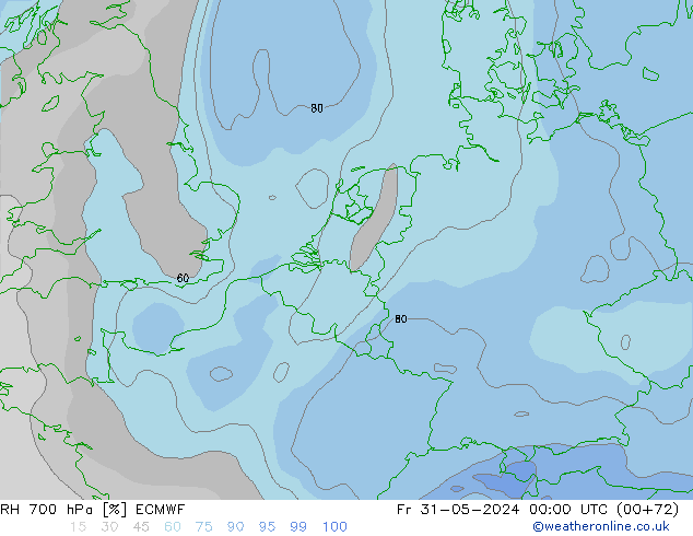 Humedad rel. 700hPa ECMWF vie 31.05.2024 00 UTC