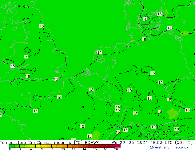 Temperature 2m Spread ECMWF We 29.05.2024 18 UTC