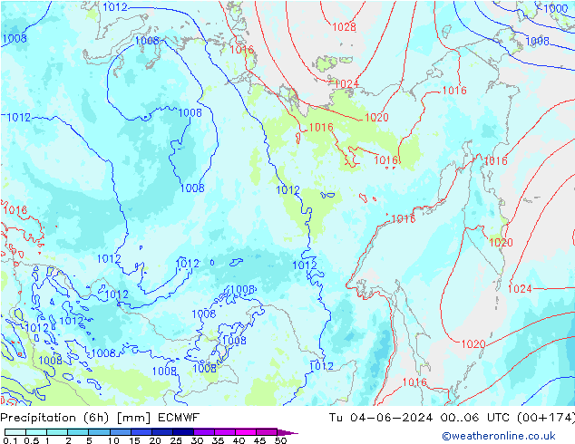 Precipitation (6h) ECMWF Út 04.06.2024 06 UTC