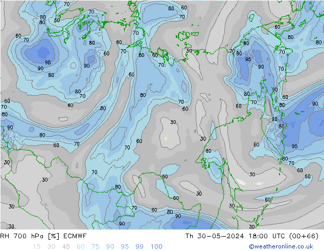 Humidité rel. 700 hPa ECMWF jeu 30.05.2024 18 UTC