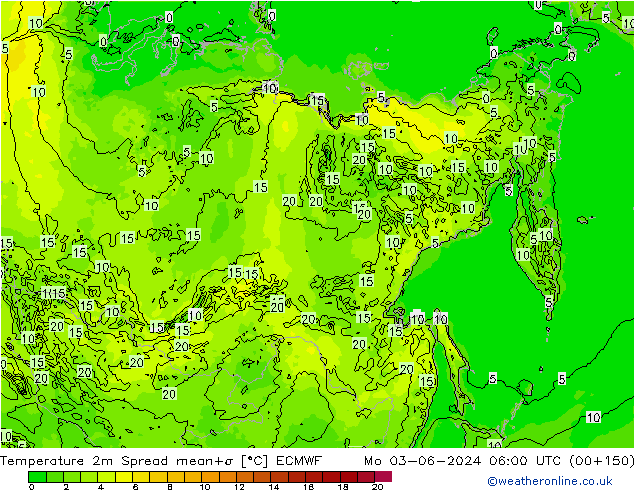 Temperatura 2m Spread ECMWF Seg 03.06.2024 06 UTC