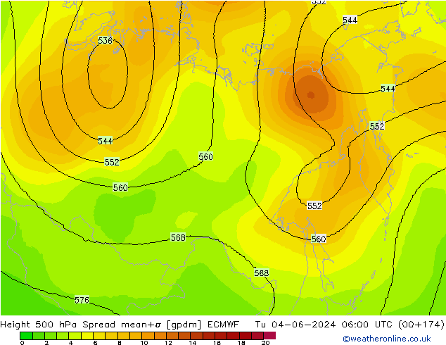 500 hPa Yüksekliği Spread ECMWF Sa 04.06.2024 06 UTC