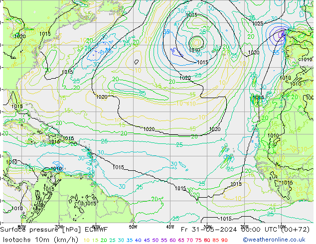 Isotachs (kph) ECMWF Fr 31.05.2024 00 UTC