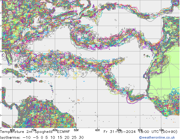 Temperatuurkaart Spaghetti ECMWF vr 31.05.2024 18 UTC