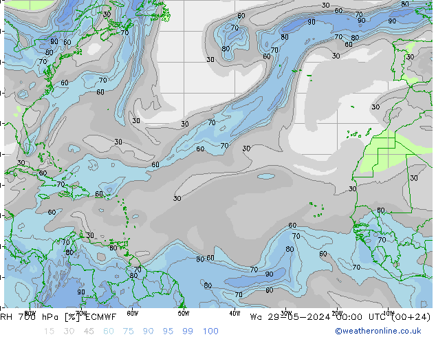 Humidité rel. 700 hPa ECMWF mer 29.05.2024 00 UTC