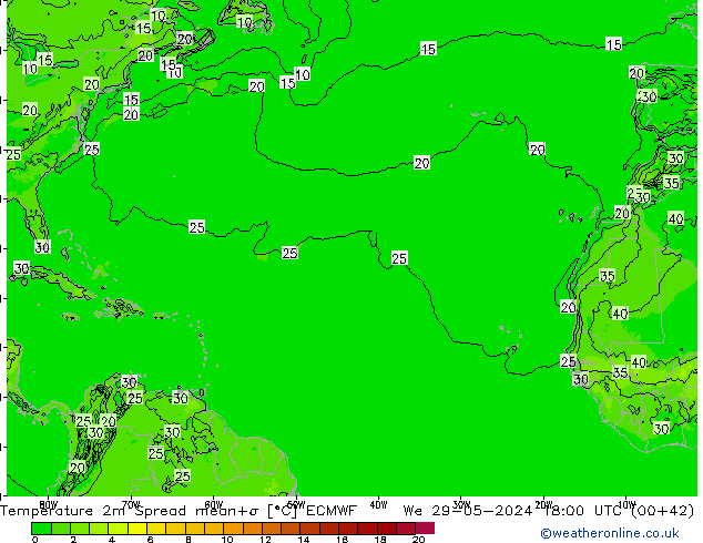 Temperatura 2m Spread ECMWF Qua 29.05.2024 18 UTC