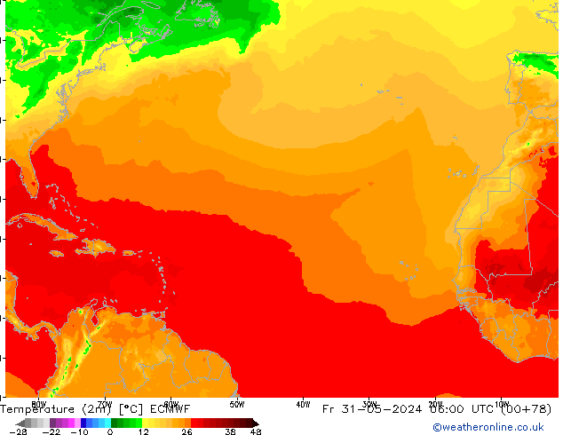 Temperature (2m) ECMWF Fr 31.05.2024 06 UTC