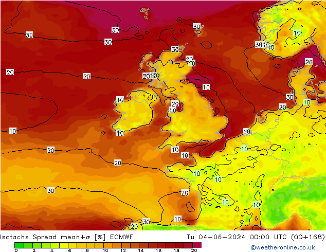 Isotachs Spread ECMWF Út 04.06.2024 00 UTC