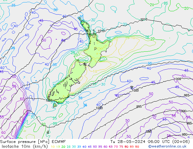 Isotachs (kph) ECMWF Út 28.05.2024 06 UTC