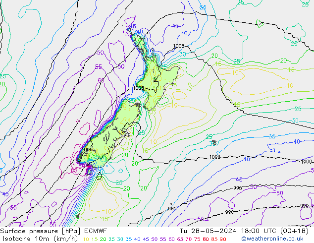 Isotachs (kph) ECMWF Tu 28.05.2024 18 UTC