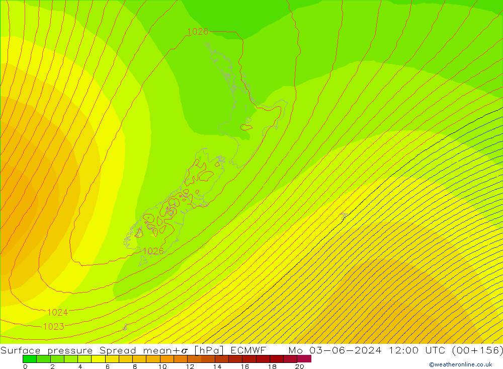 pressão do solo Spread ECMWF Seg 03.06.2024 12 UTC