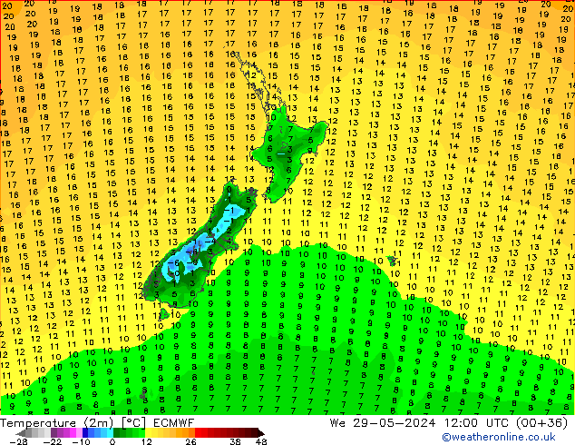 Temperatura (2m) ECMWF Qua 29.05.2024 12 UTC