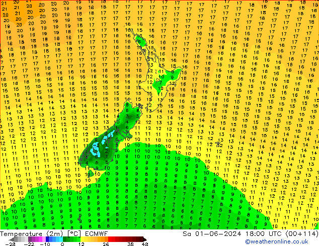 Temperaturkarte (2m) ECMWF Sa 01.06.2024 18 UTC