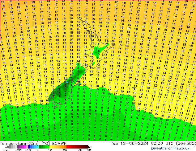 Temperatura (2m) ECMWF mié 12.06.2024 00 UTC