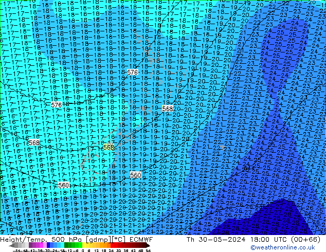 Height/Temp. 500 hPa ECMWF czw. 30.05.2024 18 UTC