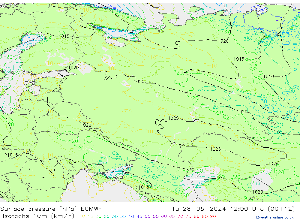 Eşrüzgar Hızları (km/sa) ECMWF Sa 28.05.2024 12 UTC